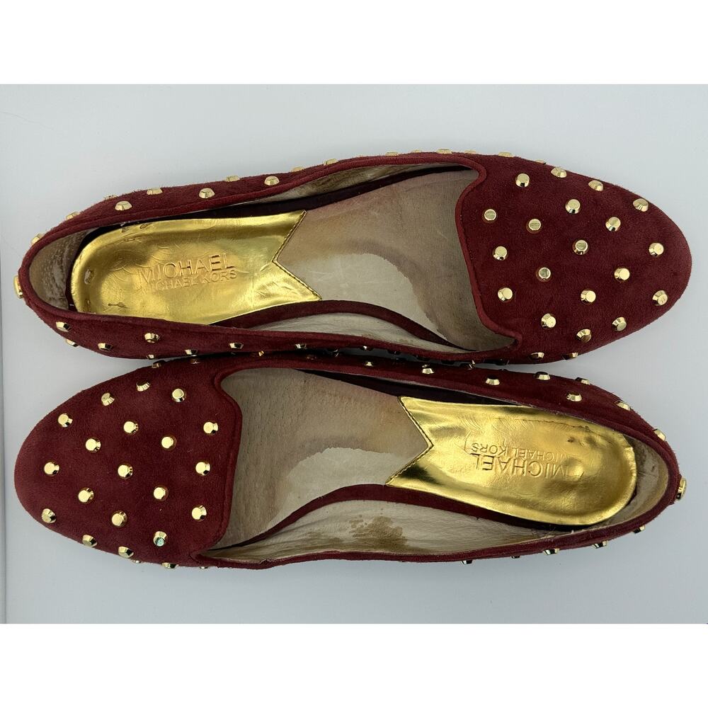 Michael Kors Ailee Flat Suede Burgundy and‎ Gold Suede Studded Flats 9.5
